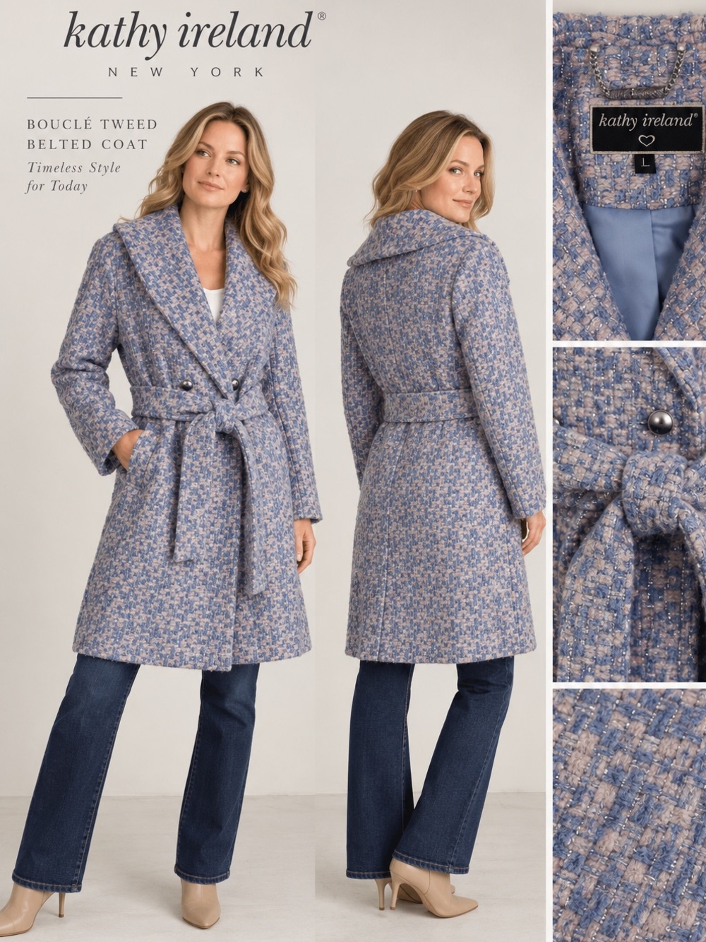 Kathy Ireland NWT Blue Pink Bouclé Tweed Belted Coat Women’s Large